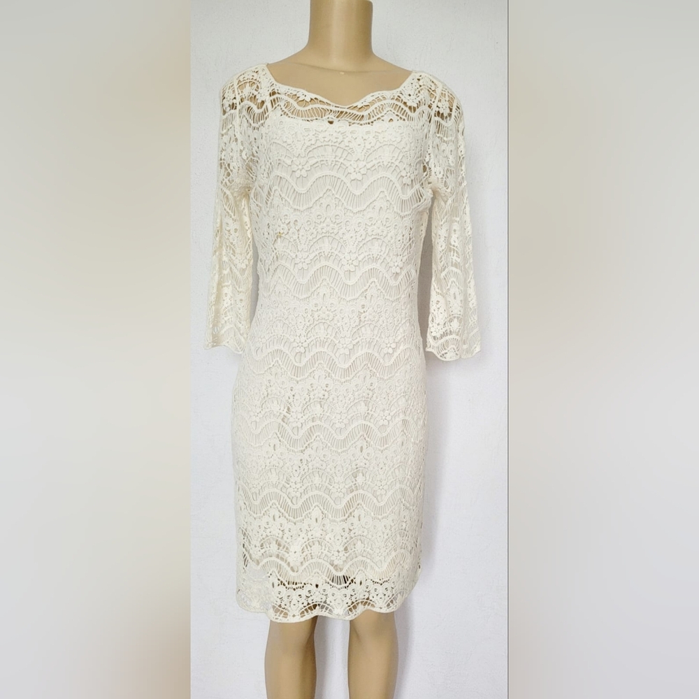 Ralph Lauren 100%Cotton White Crochet Sheath Dress 3/4 Sleeve Crew Neck Lined M - Picture 15 of 16